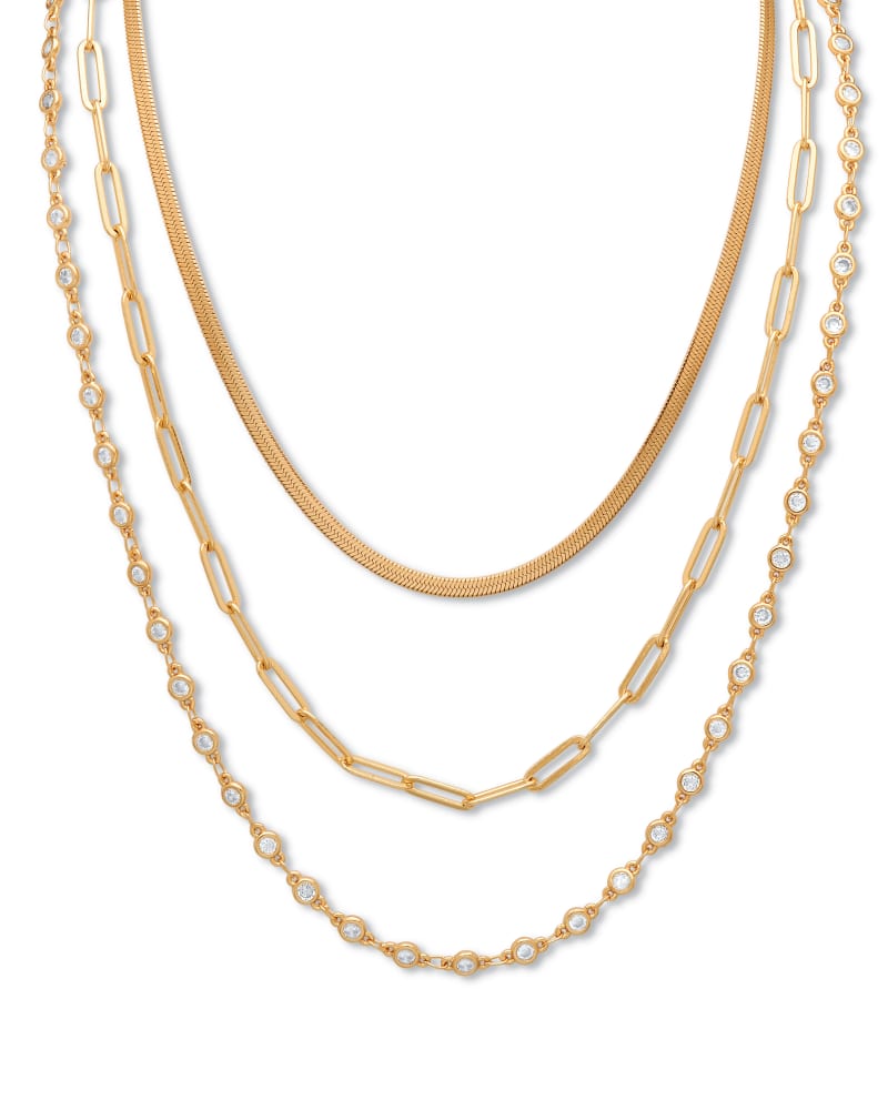 Front of a size One Size Crystal Bezel Gold Ion-Plated Multichain Necklace Set 16, 18, 21 Inch in Yellow by PalmBeach Jewelry. | dia_product_style_image_id:333033